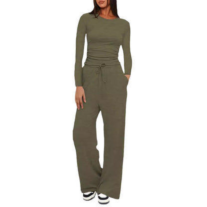 2025Women's Spring Solid Color Casual Long Sleeve Top with High Waist Wide Leg Pants Tracksuit Set - Seldom Seen Styles