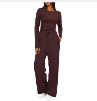 2025Women's Spring Solid Color Casual Long Sleeve Top with High Waist Wide Leg Pants Tracksuit Set - Seldom Seen Styles