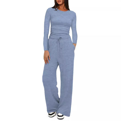2025Women's Spring Solid Color Casual Long Sleeve Top with High Waist Wide Leg Pants Tracksuit Set - Seldom Seen Styles