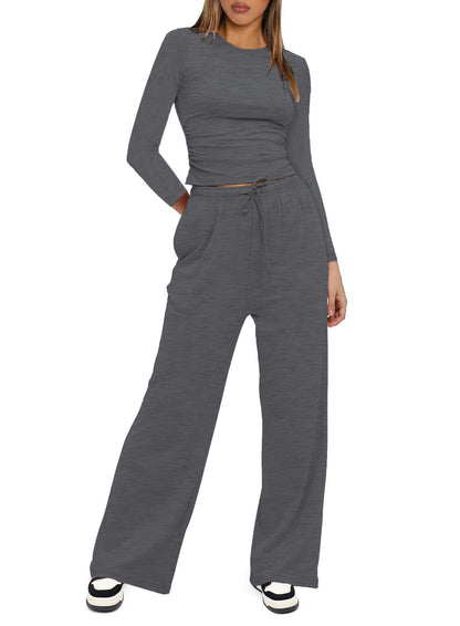 2025Women's Spring Solid Color Casual Long Sleeve Top with High Waist Wide Leg Pants Tracksuit Set - Seldom Seen Styles