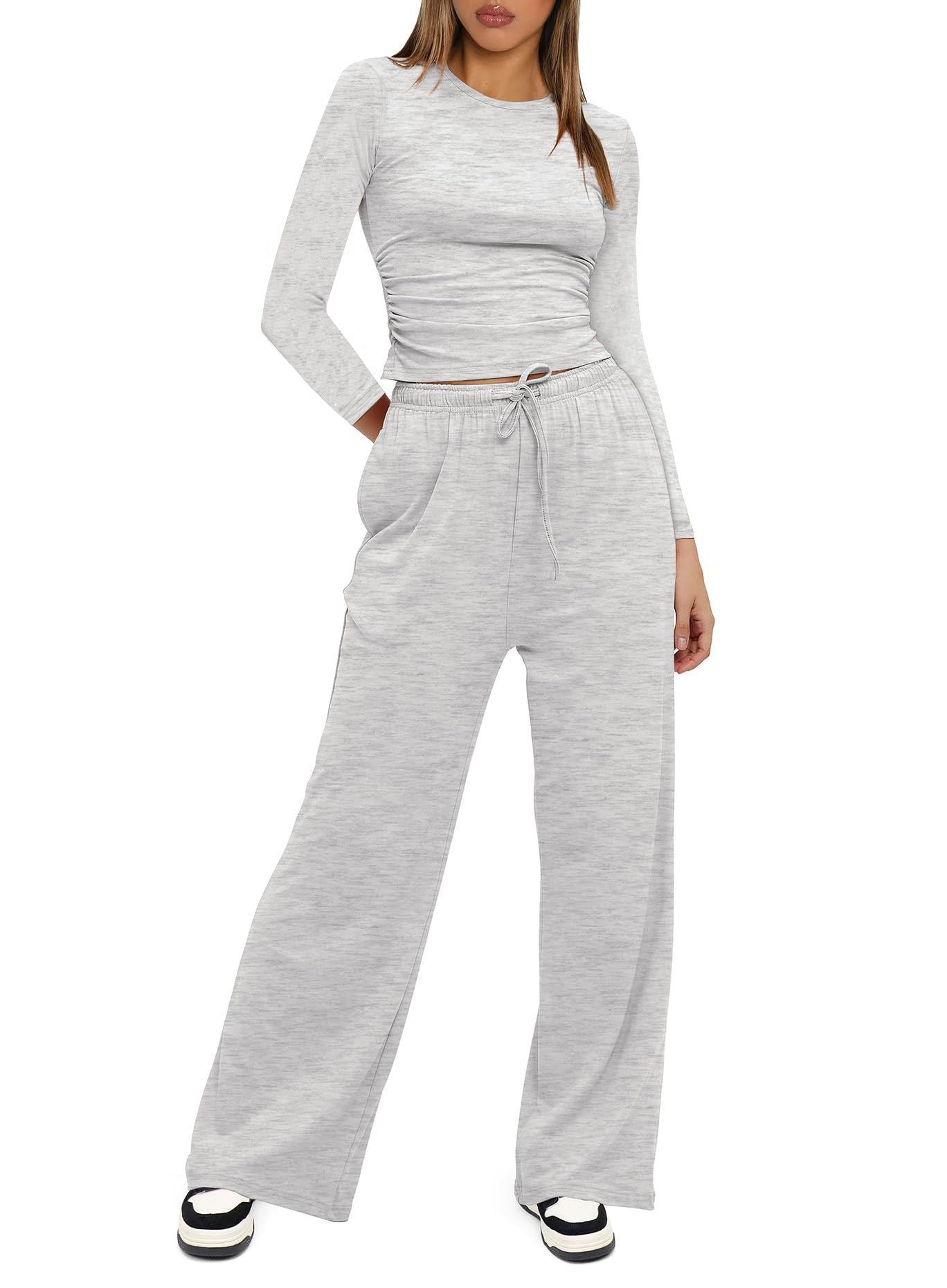 2025Women's Spring Solid Color Casual Long Sleeve Top with High Waist Wide Leg Pants Tracksuit Set - Seldom Seen Styles