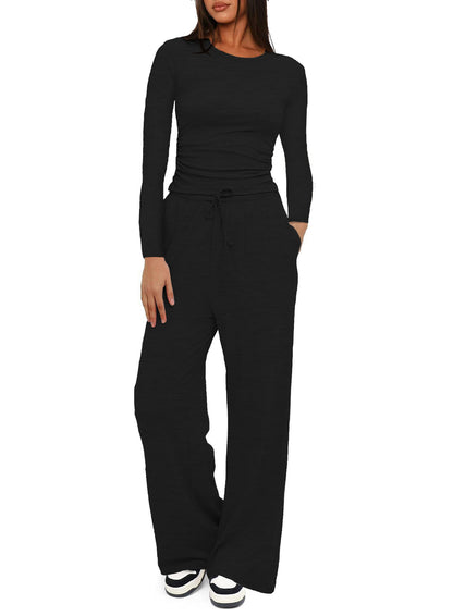 2025Women's Spring Solid Color Casual Long Sleeve Top with High Waist Wide Leg Pants Tracksuit Set - Seldom Seen Styles