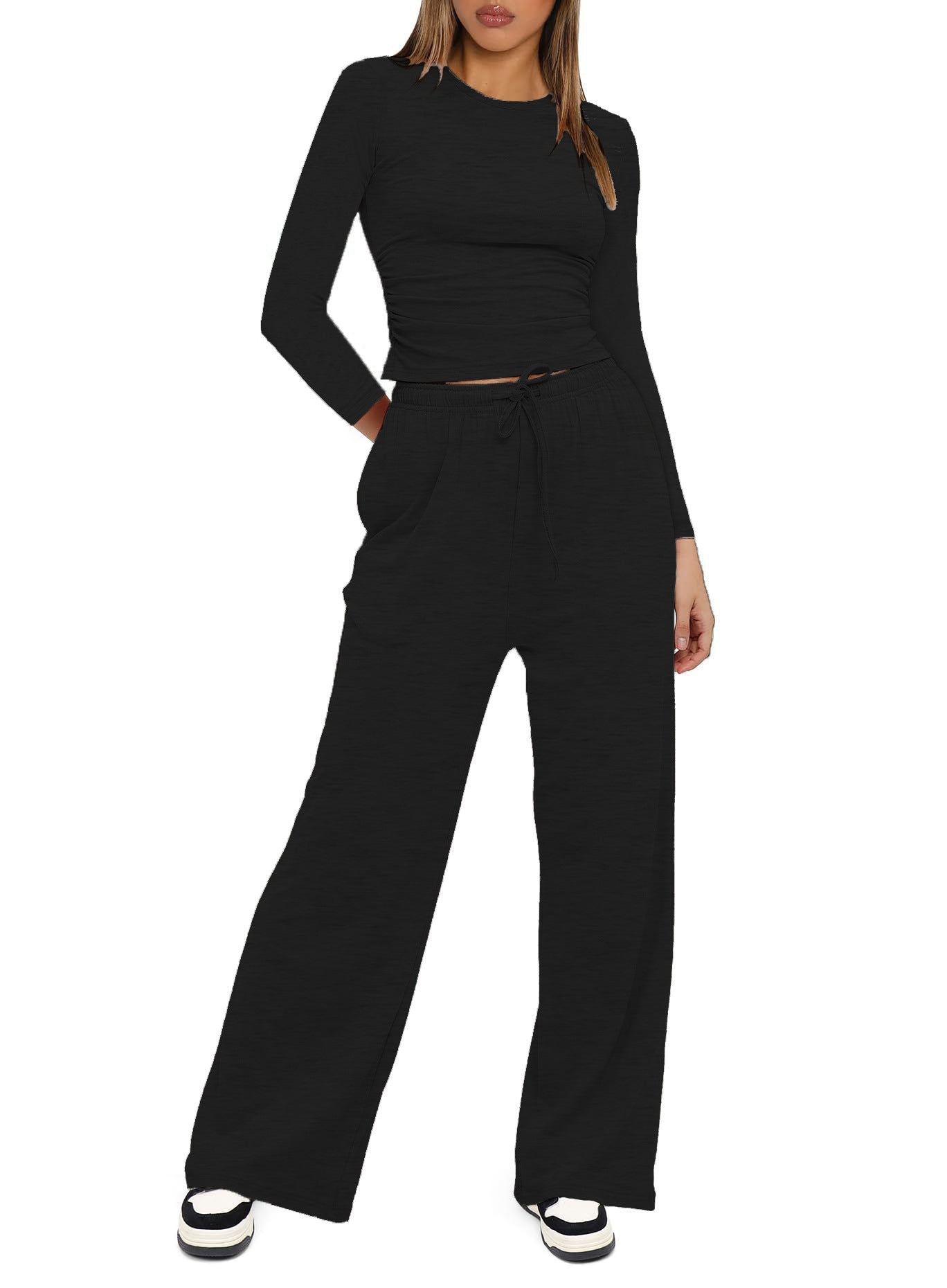 2025Women's Spring Solid Color Casual Long Sleeve Top with High Waist Wide Leg Pants Tracksuit Set - Seldom Seen Styles