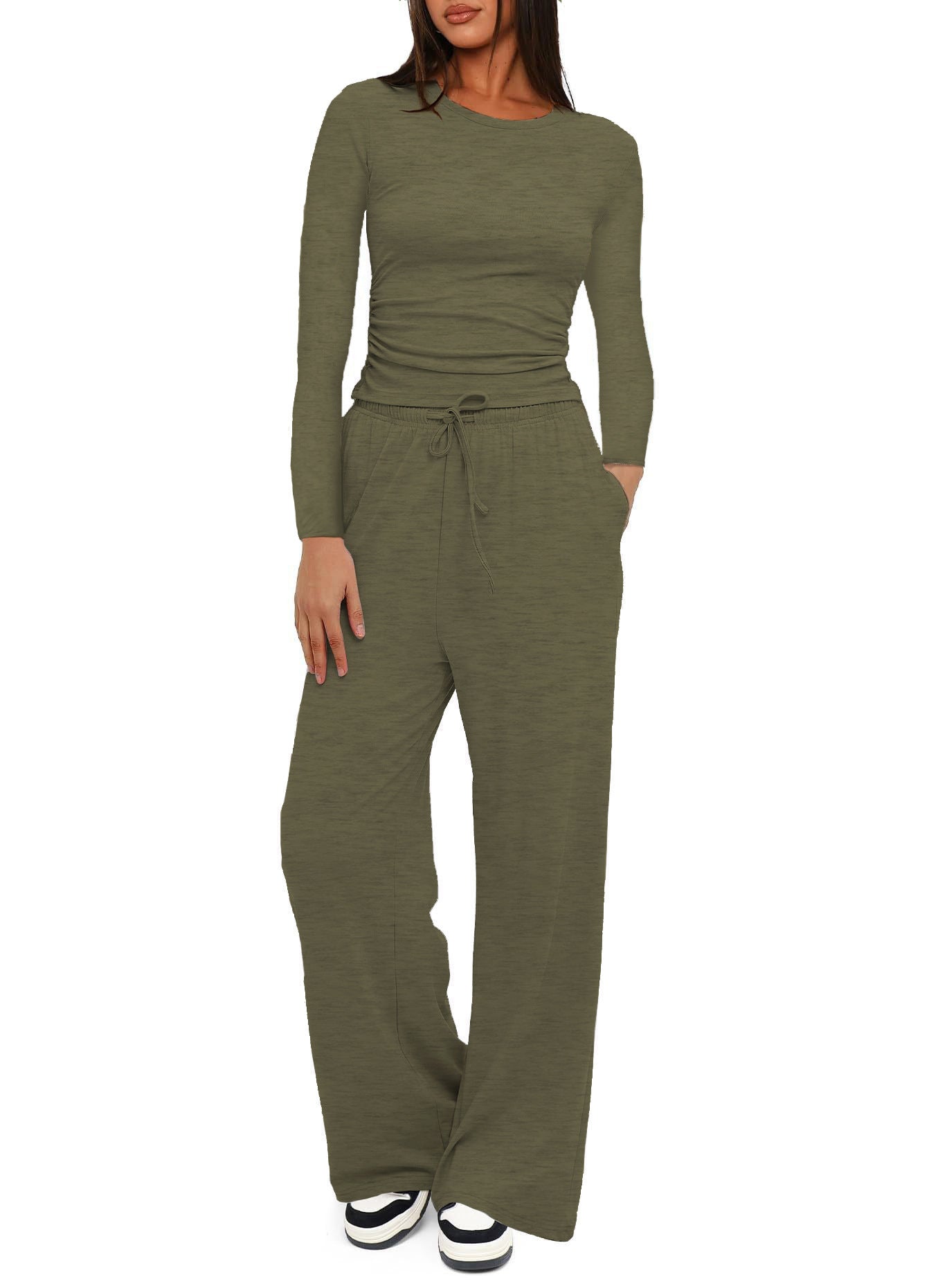 2025Women's Spring Solid Color Casual Long Sleeve Top with High Waist Wide Leg Pants Tracksuit Set - Seldom Seen Styles