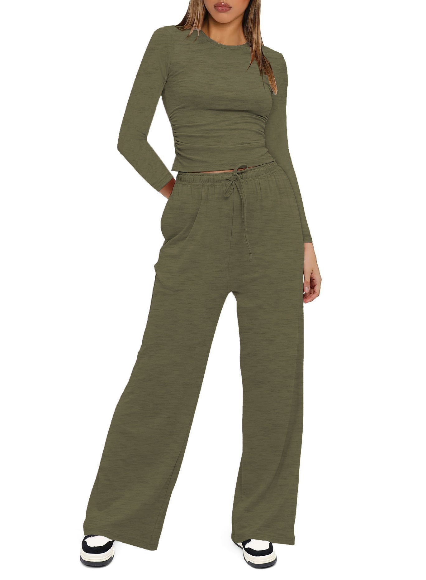 2025Women's Spring Solid Color Casual Long Sleeve Top with High Waist Wide Leg Pants Tracksuit Set - Seldom Seen Styles