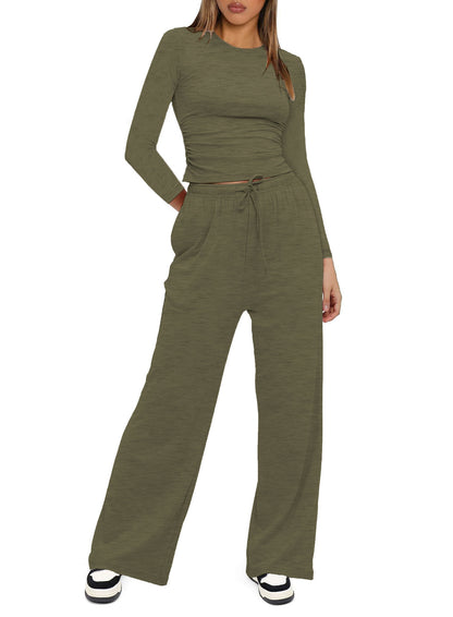 2025Women's Spring Solid Color Casual Long Sleeve Top with High Waist Wide Leg Pants Tracksuit Set - Seldom Seen Styles