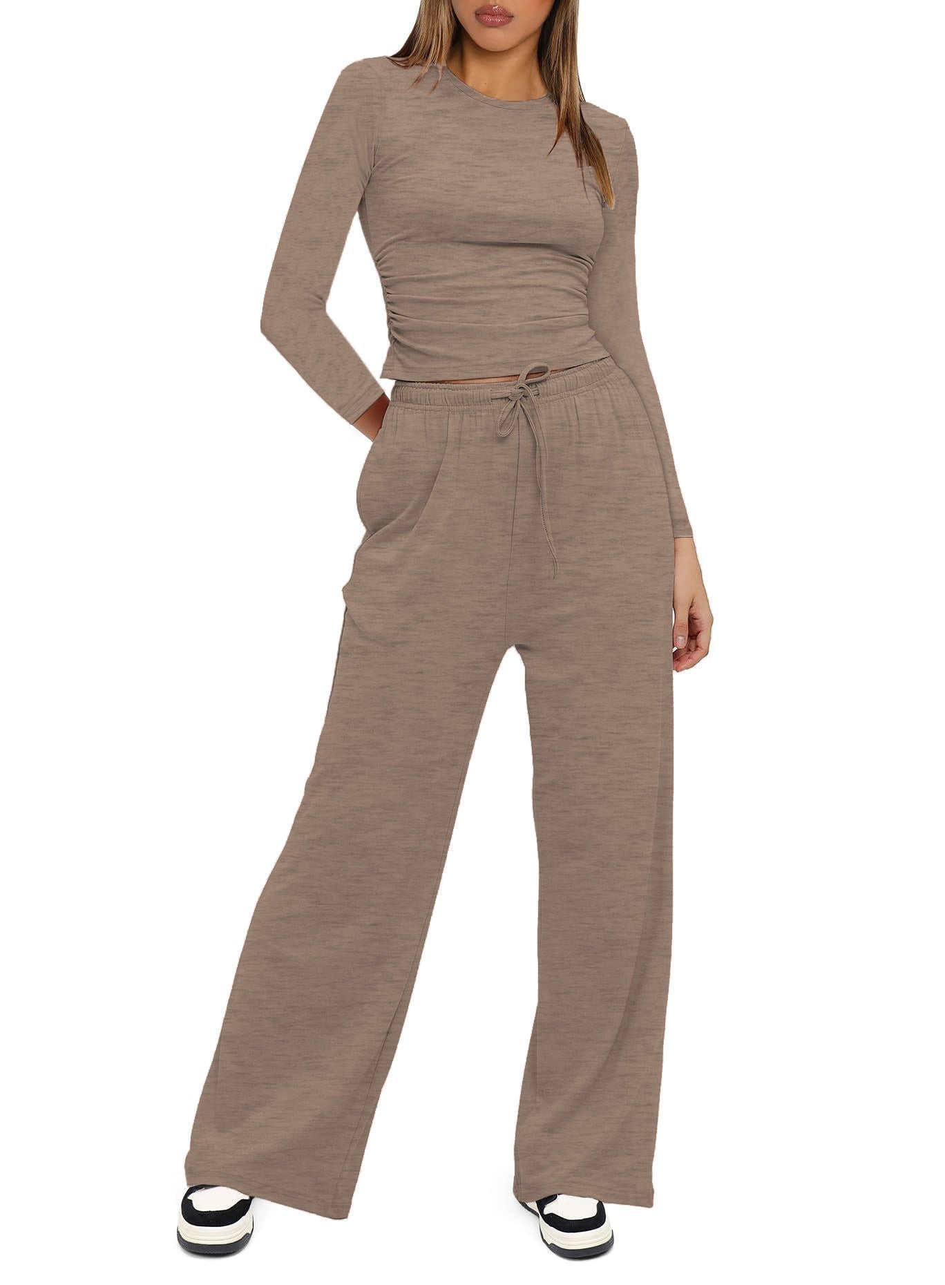 2025Women's Spring Solid Color Casual Long Sleeve Top with High Waist Wide Leg Pants Tracksuit Set - Seldom Seen Styles