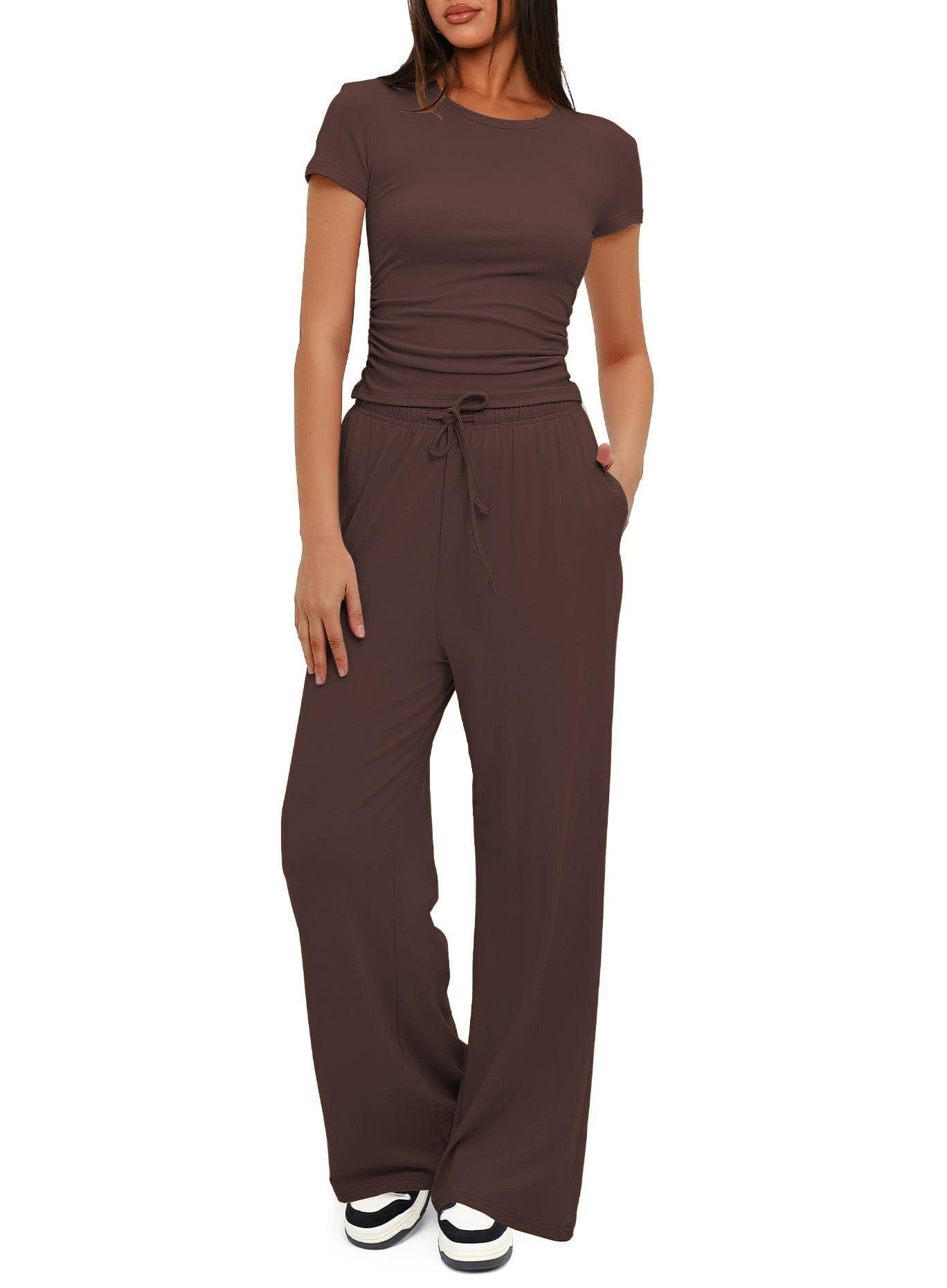 2025Women's Spring Solid Color Casual Long Sleeve Top with High Waist Wide Leg Pants Tracksuit Set - Seldom Seen Styles