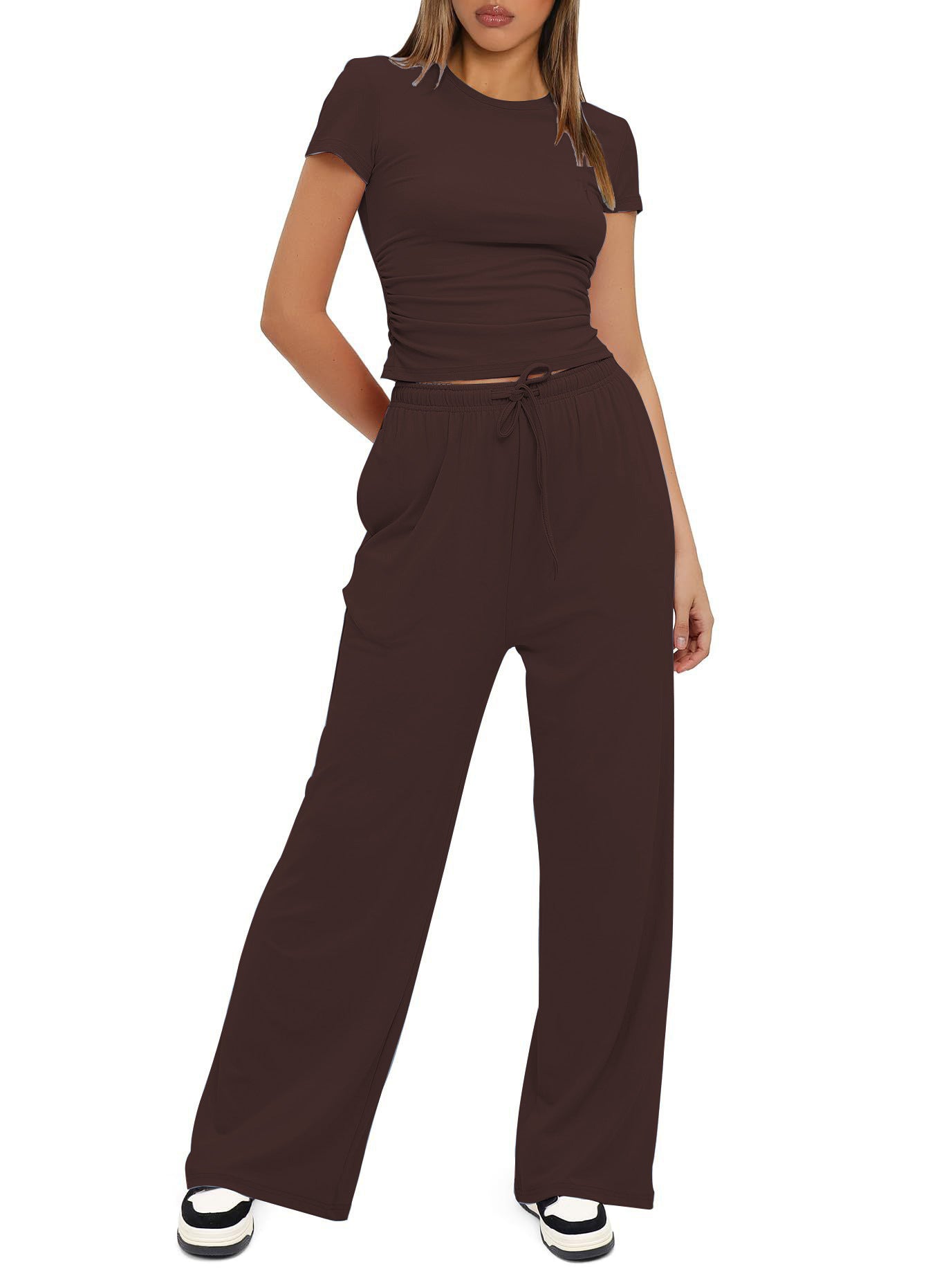 2025Women's Spring Solid Color Casual Long Sleeve Top with High Waist Wide Leg Pants Tracksuit Set - Seldom Seen Styles