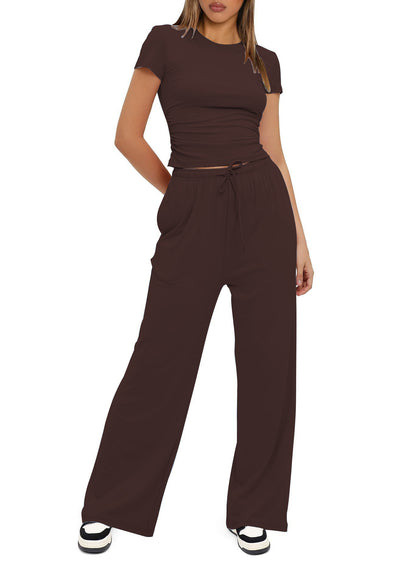 2025Women's Spring Solid Color Casual Long Sleeve Top with High Waist Wide Leg Pants Tracksuit Set - Seldom Seen Styles