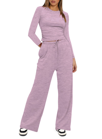 2025Women's Spring Solid Color Casual Long Sleeve Top with High Waist Wide Leg Pants Tracksuit Set - Seldom Seen Styles