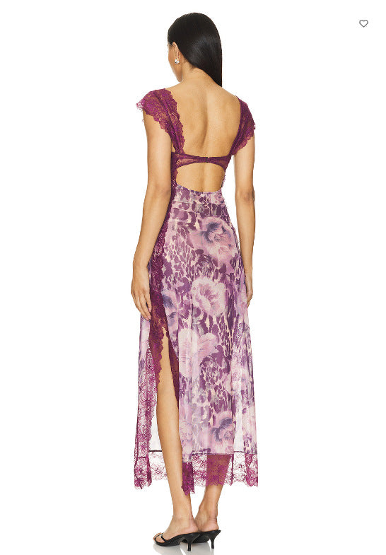 Suddenly Fine Maxi Slip Lace Backless Strap Splicing Slit Floral Long Dress Women's Fashion