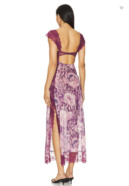 Suddenly Fine Maxi Slip Lace Backless Strap Splicing Slit Floral Long Dress Women's Fashion