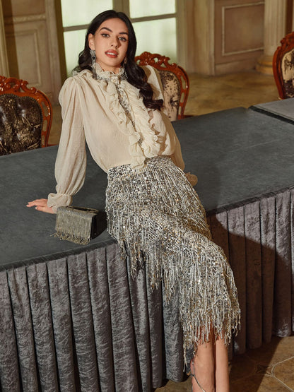 Tassel Sequin Midi Skirt