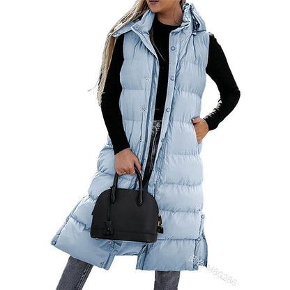 Women's Long Puffer Vest with Quilted Hood and Button Down Closure for Winter Coat 2025 - Tops, Womenswear - Seldom Seen Styles