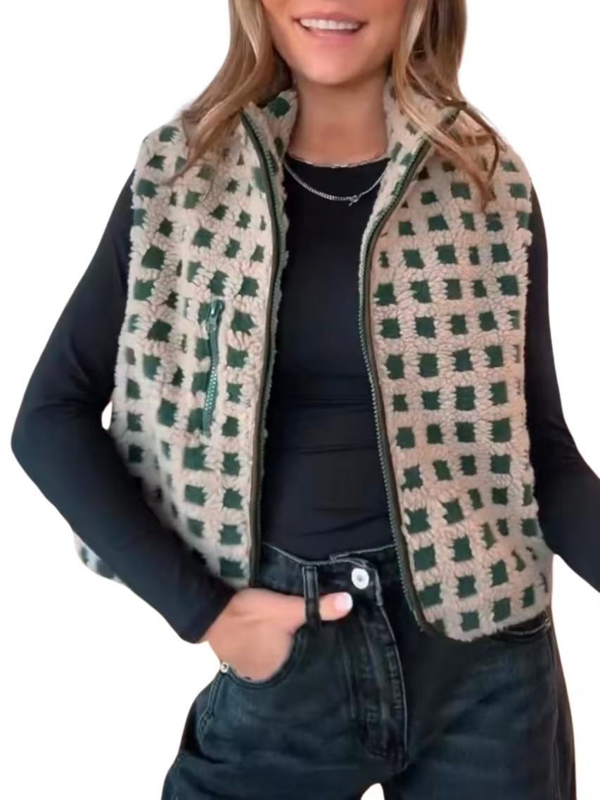 Womens Checkered Sherpa Vest Sleeveless Fleece Jacket High Neck Zip Up Plaid Gilet with Chest Pocket - Seldom Seen Styles
