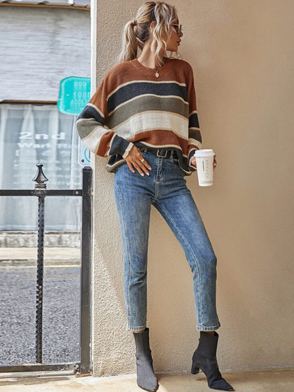 Women's Colorblock Striped Print Drop Shoulder Sweater, Soft Casual Long Sleeve Round Neck Jumper for Fall & Winter, Fashion Ladies' Knitwear for Daily Wear - Seldom Seen Styles