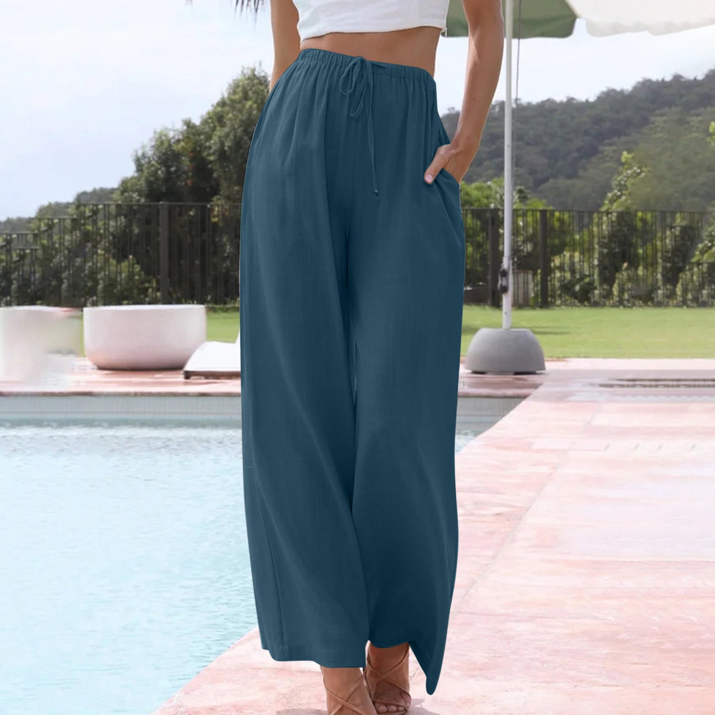 Women's Linen Summer Palazzo Pants Flowy Wide Leg Beach Pants with Pockets - Seldom Seen Styles