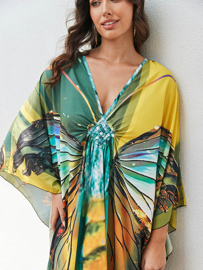 [Plus Size] Butterfly/feather Print Ruched Split Hem Tunic Dress, Valentine's Day Elegant Batwing Sleeve V Neck Long Dress for Summer, Casual Womenswear, Gift, Homecoming Dresses, Women's Clothes for Beach Holiday Vacation, Moo Moo Dresses