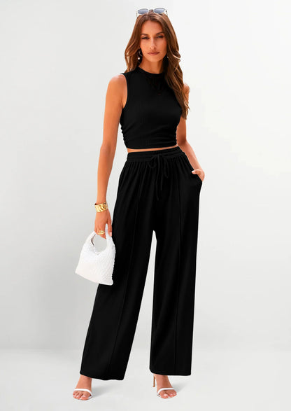 Women's Ribbed Sleeveless Two-Piece Set | Resort Style Casual Suit