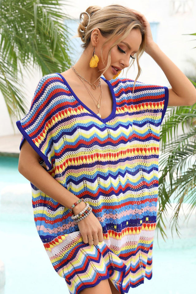 Rainbow Stripe Scalloped V-Neck Cover-Up Dress - Seldom Seen Styles