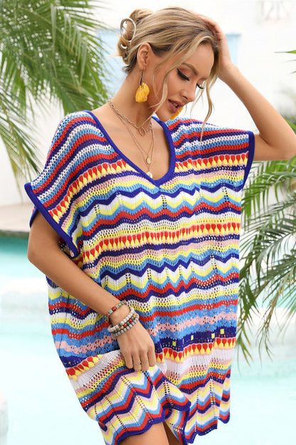 Rainbow Stripe Scalloped V-Neck Cover-Up Dress - Seldom Seen Styles