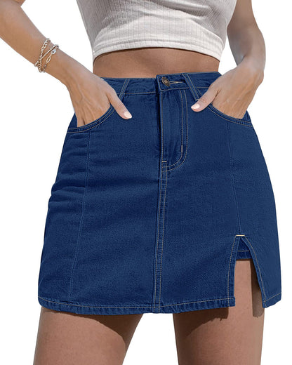 luvamia Skorts Skirts for Women Denim Mini Skirt Side Slit with High Waisted Jean Shorts Stretchy - Seldom Seen Styles