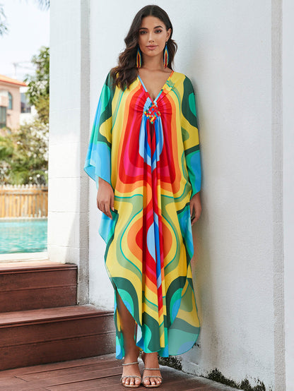 [Plus Size] Butterfly/feather Print Ruched Split Hem Tunic Dress, Valentine's Day Elegant Batwing Sleeve V Neck Long Dress for Summer, Casual Womenswear, Gift, Homecoming Dresses, Women's Clothes for Beach Holiday Vacation, Moo Moo Dresses