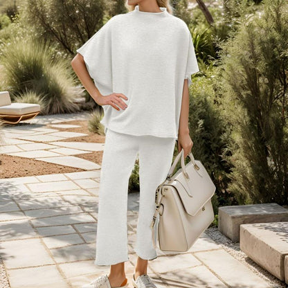 Songling Women Casual Two Piece Outfits 3/4 Batwing Sleeve Capelet CrewNeck Pullover Top Wide Leg Pants Lounge Sets Sweatsuit - Seldom Seen Styles