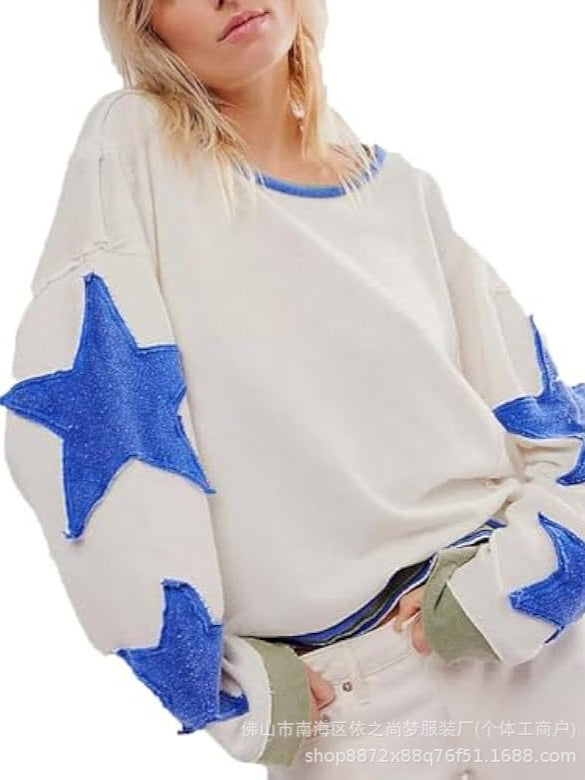 Women's Summer Loose T-Shirt Star Patch Long Sleeve Crew Neck Casual Tops Streetwear - Seldom Seen Styles