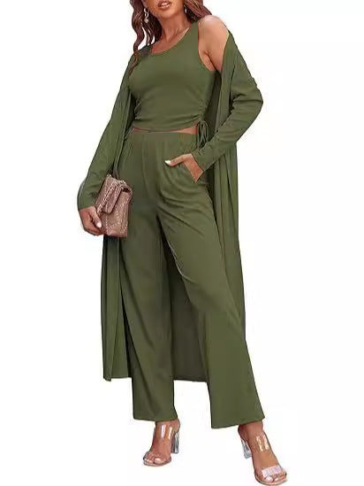 Cozy New Ekouaer Women's 3 Piece Knit Lounge Set Long Sleeve Cardigan Sleeveless Top Pants Sweatsuit S-XXL