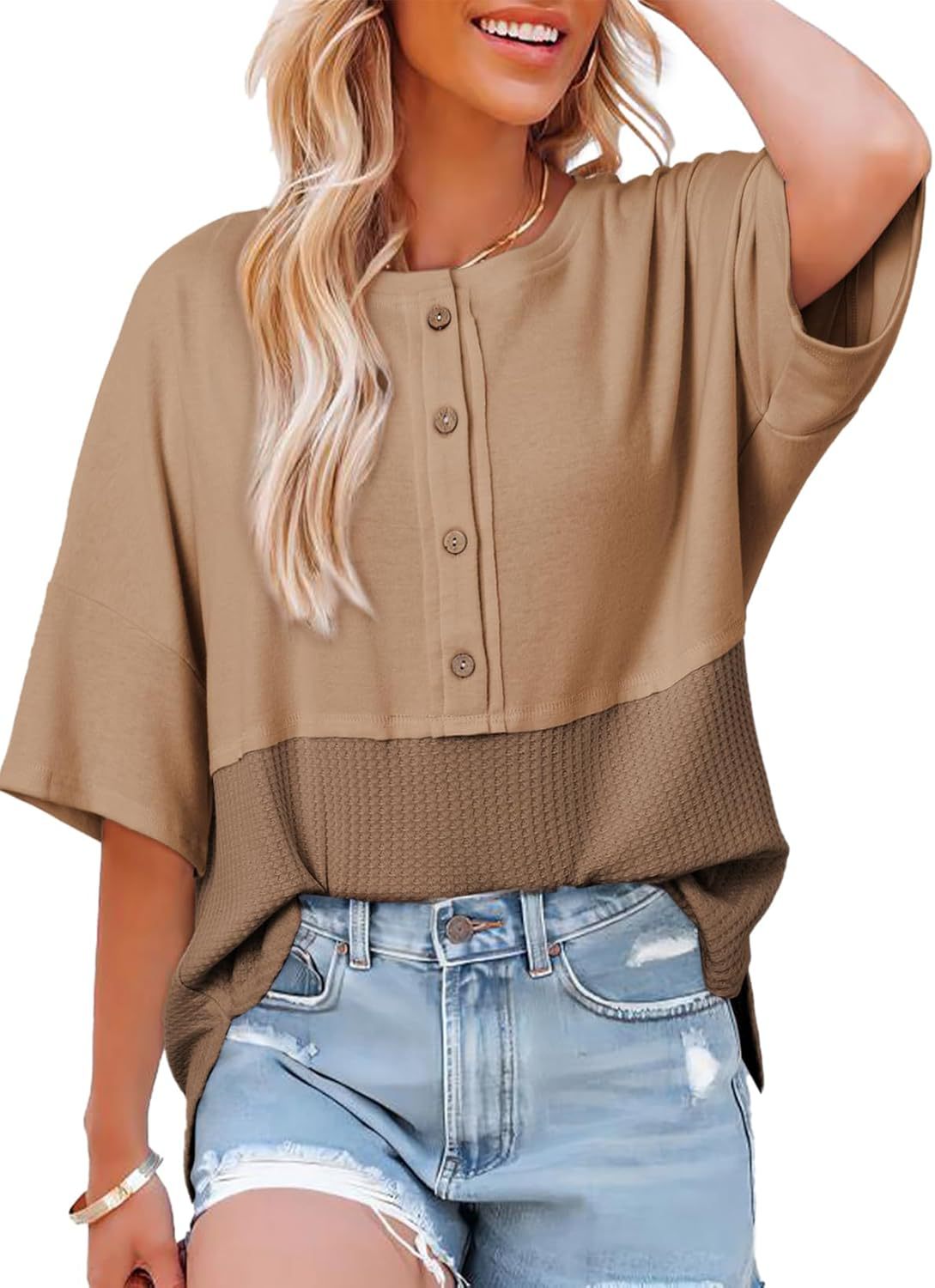 Womens Waffle Knit Tops 2025 Fashion 3/4 Sleeve Casual Button Down Shirts Crew Neck Oversized Patchwork Blouses - Seldom Seen Styles