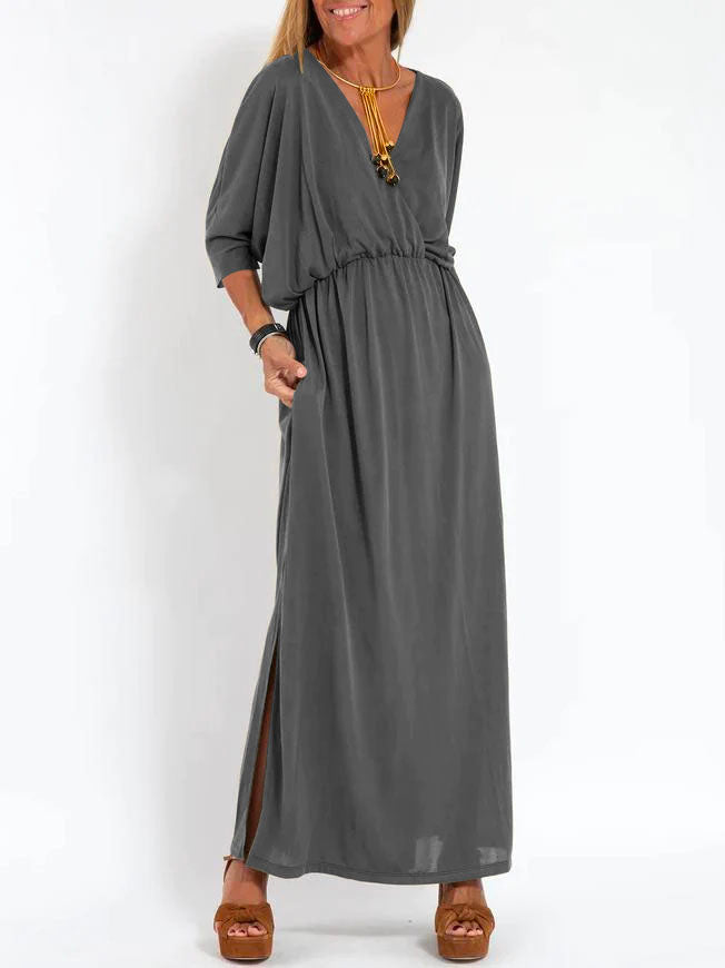 Women's Casual Solid Color V Neck Slit Dress - Seldom Seen Styles