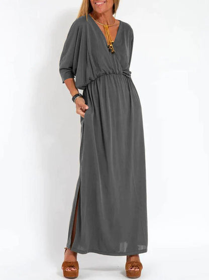 Women's Casual Solid Color V Neck Slit Dress - Seldom Seen Styles