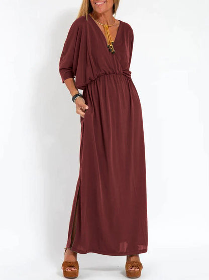 Women's Casual Solid Color V Neck Slit Dress - Seldom Seen Styles