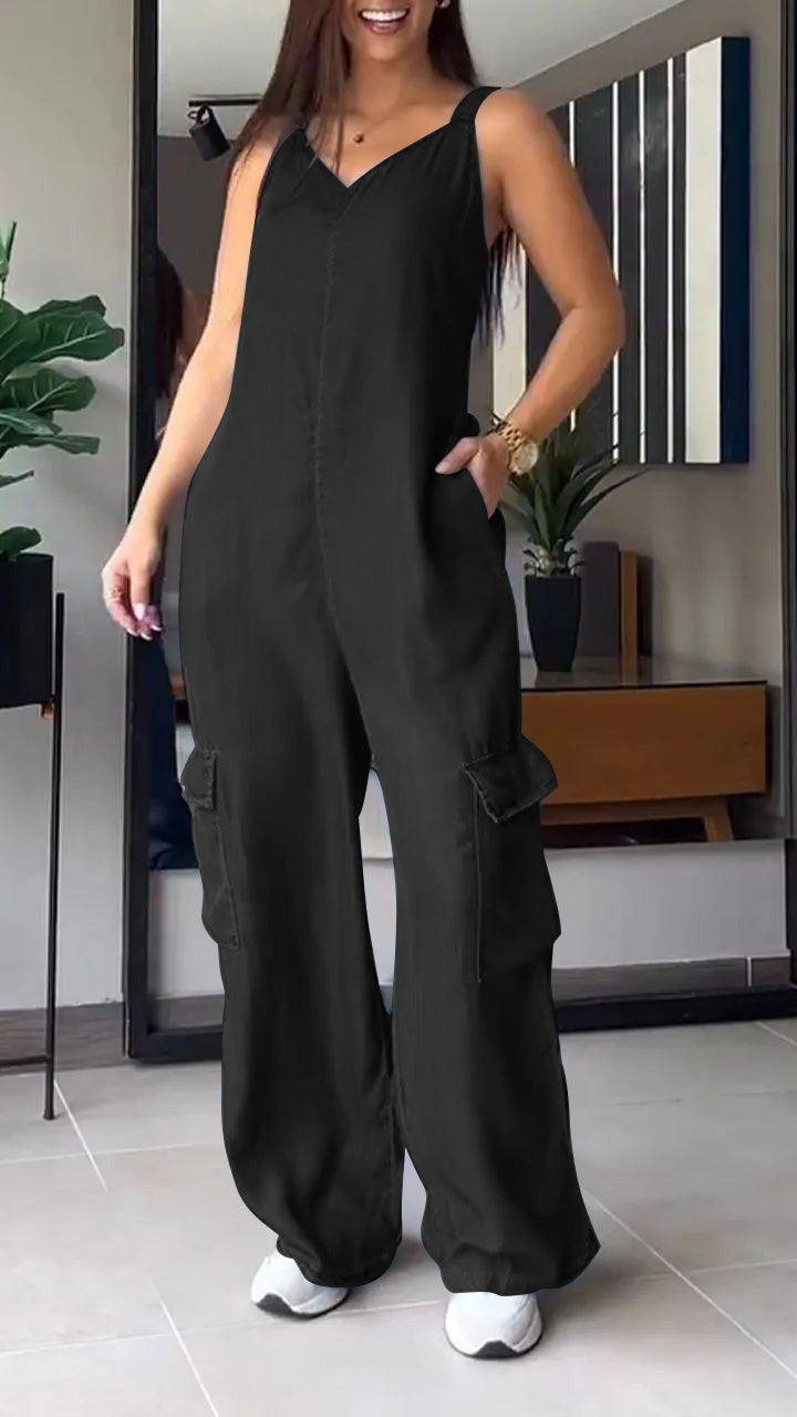 Thin Denim Cargo Pocket V-neck Jumpsuit - Seldom Seen Styles