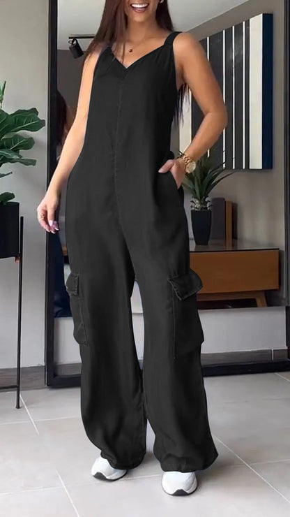 Thin Denim Cargo Pocket V-neck Jumpsuit - Seldom Seen Styles