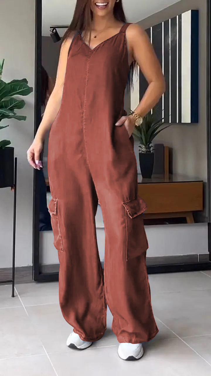 Thin Denim Cargo Pocket V-neck Jumpsuit - Seldom Seen Styles