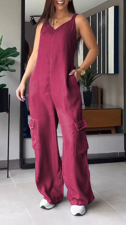 Thin Denim Cargo Pocket V-neck Jumpsuit - Seldom Seen Styles