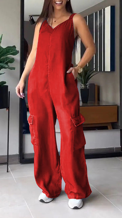Thin Denim Cargo Pocket V-neck Jumpsuit - Seldom Seen Styles