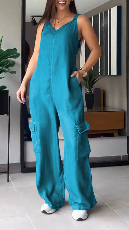 Thin Denim Cargo Pocket V-neck Jumpsuit - Seldom Seen Styles