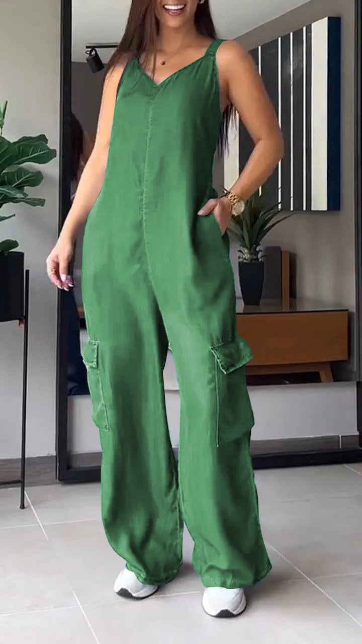 Thin Denim Cargo Pocket V-neck Jumpsuit - Seldom Seen Styles