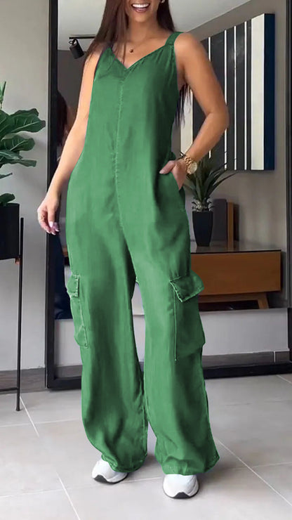 Thin Denim Cargo Pocket V-neck Jumpsuit - Seldom Seen Styles
