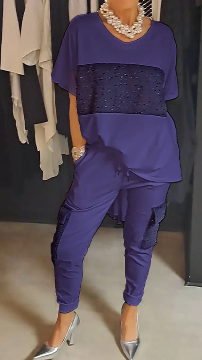 Casual Crew Neck Sequin Two-piece Suit - Seldom Seen Styles