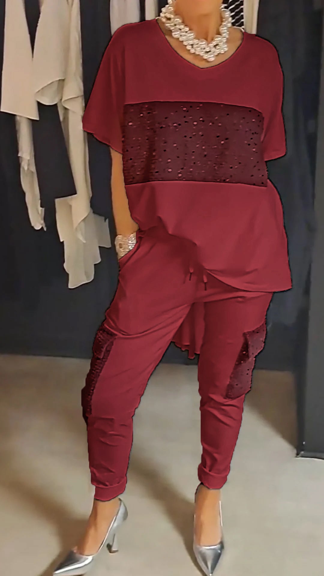 Casual Crew Neck Sequin Two-piece Suit - Seldom Seen Styles