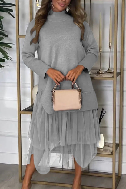 Women's Casual Solid Color Mesh Patchwork Dress - Seldom Seen Styles