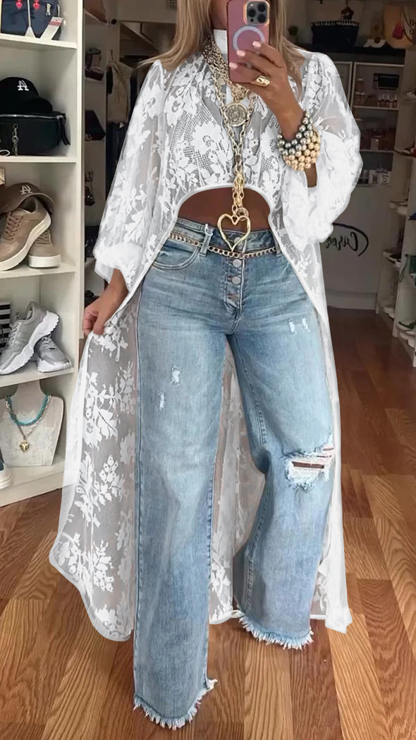 Women's Round Neck Lace Short Front and Long Back Casual Top - Seldom Seen Styles