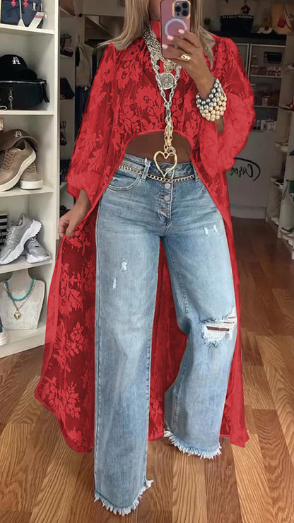 Women's Round Neck Lace Short Front and Long Back Casual Top - Seldom Seen Styles