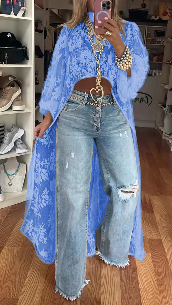 Women's Round Neck Lace Short Front and Long Back Casual Top - Seldom Seen Styles