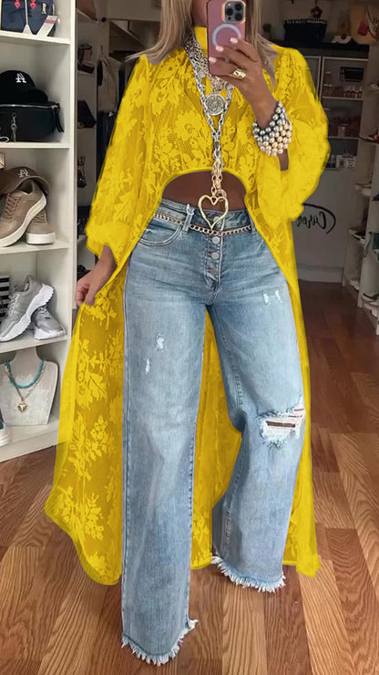 Women's Round Neck Lace Short Front and Long Back Casual Top - Seldom Seen Styles